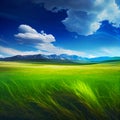 Bright sun shines on green morning grassy meadow, bright blue sky - AI generated image