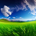 Bright sun shines on green morning grassy meadow, bright blue sky - AI generated image