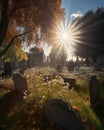 A bright sun shining over the cemetery awakening the growth of life a the graves Abandoned landscape. AI generation