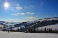 The bright sun is silvering on the white snow, against the backdrop of the winter forest