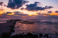 Bright sun at sunset. Mediterranean Sea in Sur. Lebanon