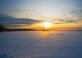 Bright sun at sunset winter with the road and footprints in snow. Royalty Free Stock Photo