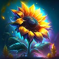 Bright sunflower on a dark blue background. 3D illustration. AI Generated