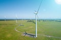 Bright sunlight with flare shining on wind turbines.