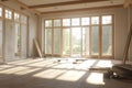Bright sunlight illuminates a construction with tools and materials inside a house near large windows Royalty Free Stock Photo