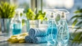 Cleaning supplies and towels arranged on a sunny windowsill for household chores Royalty Free Stock Photo