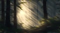 Bright sunlight penetrates the trees in a dense, dark forest. AI generation