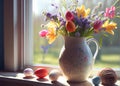 bright sunlight shines on Easter bells, flowers in vase on the windowsill with easter eggs. AI Generated
