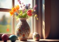 bright sunlight shines on Easter bells, flowers in vase on the windowsill with easter eggs. AI Generated