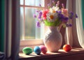 bright sunlight shines on Easter bells, flowers in vase on the windowsill with easter eggs. AI Generated