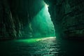Bright sunlight streams through a deep canyon, casting emerald beams onto the tranq Royalty Free Stock Photo
