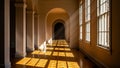 Bright Sunlit Hallway with Large Windows. Royalty Free Stock Photo