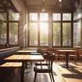 Bright sunlit modern empty cafe interior with wooden tables chairs and large windows overlooking trees Royalty Free Stock Photo