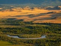 Bright sunny autumn landscape with winding river and sunlit gold valley with green fir trees on mountainside under cloudy sky.