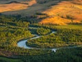 Bright sunny autumn landscape with winding river and sunlit gold valley with green fir trees on mountainside under cloudy sky.