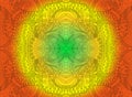 Bright sunny decorative psychedelic ornament, on green yellow orange colors gradient background. Vector hand drawn