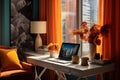 Sunny Urban Home Office with Stylish Decor. Generative AI