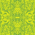 Bright sunny psychedelic trippy abstract mandala with original patterns, juicy contour green on a yellow background.