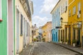 Bright sunny view of the historic tourist center of Pelourinho, Salvador da Bahia, Brazil featuring colorful colonial architecture Royalty Free Stock Photo