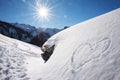 Bright sunny winter landscape tirol, snow covered alp hut and love heart Royalty Free Stock Photo