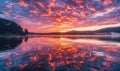 Bright sunrise over the lake, clouds reflected in water surface