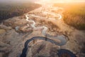 Bright sunrise over wild curved river aerial view Royalty Free Stock Photo