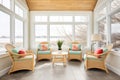 bright sunroom with stone walls, wicker chairs