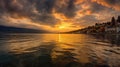Bright sunset golden clouds reflect in the water AI generated image