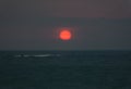 Bright sunset with large red sun under the ocean surface Royalty Free Stock Photo