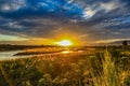 Sunset with lens flare, thick tall grass, bushes, tall yellow grass in the lower right corner and a flat lazy river Royalty Free Stock Photo