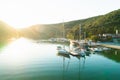 Sunset over yachts moored near oyster farm on Istria Royalty Free Stock Photo