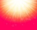 Bright sunset on red sky background. Beautiful sunny banner with sunburst sunbeams. Sun Jpeg illustrations Royalty Free Stock Photo