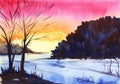 Bright sunset. Winter landscape. Tree silhouette on a pink-orange gradient background.