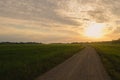 Bright sunshine rising on a cloudy sky on a rural landscape with gravel pathway