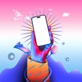Bright surreal digital artwork of a hand holding a smartphone with blank screen on a neon gradient background. Royalty Free Stock Photo