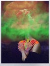 Bright surreal portrait of a girl in colored smoke. Abstract collage on space background