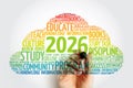 Bright 2026 surrounded by a colorful education word cloud featuring study, educate, books, program, training, knowledge, culture, Royalty Free Stock Photo