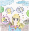 Bright sweet blond young girl in school uniform thinking about school illustration 2020