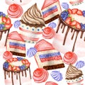 Bright Sweet delicious watercolor Seamless pattern with chocolate cupcakes, meringue, piece of cake, decorated with Royalty Free Stock Photo