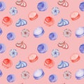 Bright Sweet delicious watercolor Seamless pattern with meringue, waffle, candy, macaroons. Blue Purple Red pink color