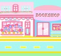 Bright Sweet Flower Shop and Bookstore by the Street in Springtime Illustration 2022