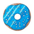 Bright sweet illustration of donut with blue glaze. Hand drawing, marker clipart on white background. For the design of