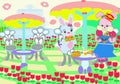 Bright Sweet Light Blue Pink Cartoon Bunny Rabbits Enjoying Snacks in a Field of Many Tulip Flowers in Springtime Illustration