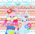 Bright sweet smiling blue pink cartoon bunny rabbits with daisies and blue pink yellow hearts and ribbons design illustration 2022 Royalty Free Stock Photo