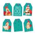 Bright tags with cartoon rooster. Royalty Free Stock Photo