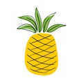 Bright tasty flat cartoon pineapple in simple doodle style with black lines isolated on white background. Hand drawn vector Royalty Free Stock Photo