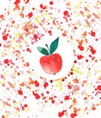 Bright tasty juicy red apple in red yellow spray watercolor blobs