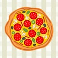 Bright tasty pizza on a gray checkered background