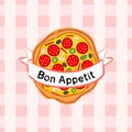 Bright tasty pizza on a pink checkered background