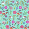 Bright teal floral pattern with color flowers